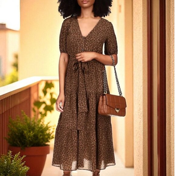 MICHAEL  Michael Kors Mid-Calf Bohemian Animal Print Brown Shift Dress M - Picture 1 of 7